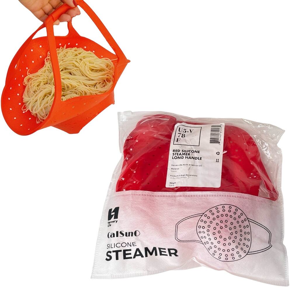 Long Handle Silicone Vegetable Steamer Pasta Strainer Red 12x8 Harvery Life New